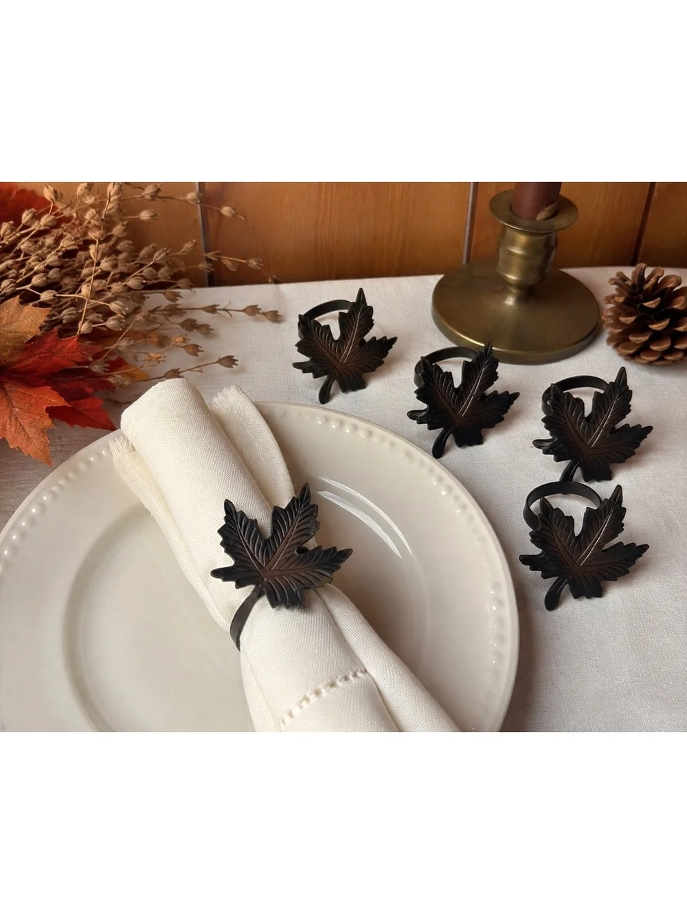 Vintage Maple Leaf Napkin Rings Set of 6 Metal Brown Bronze Fall Table Decor